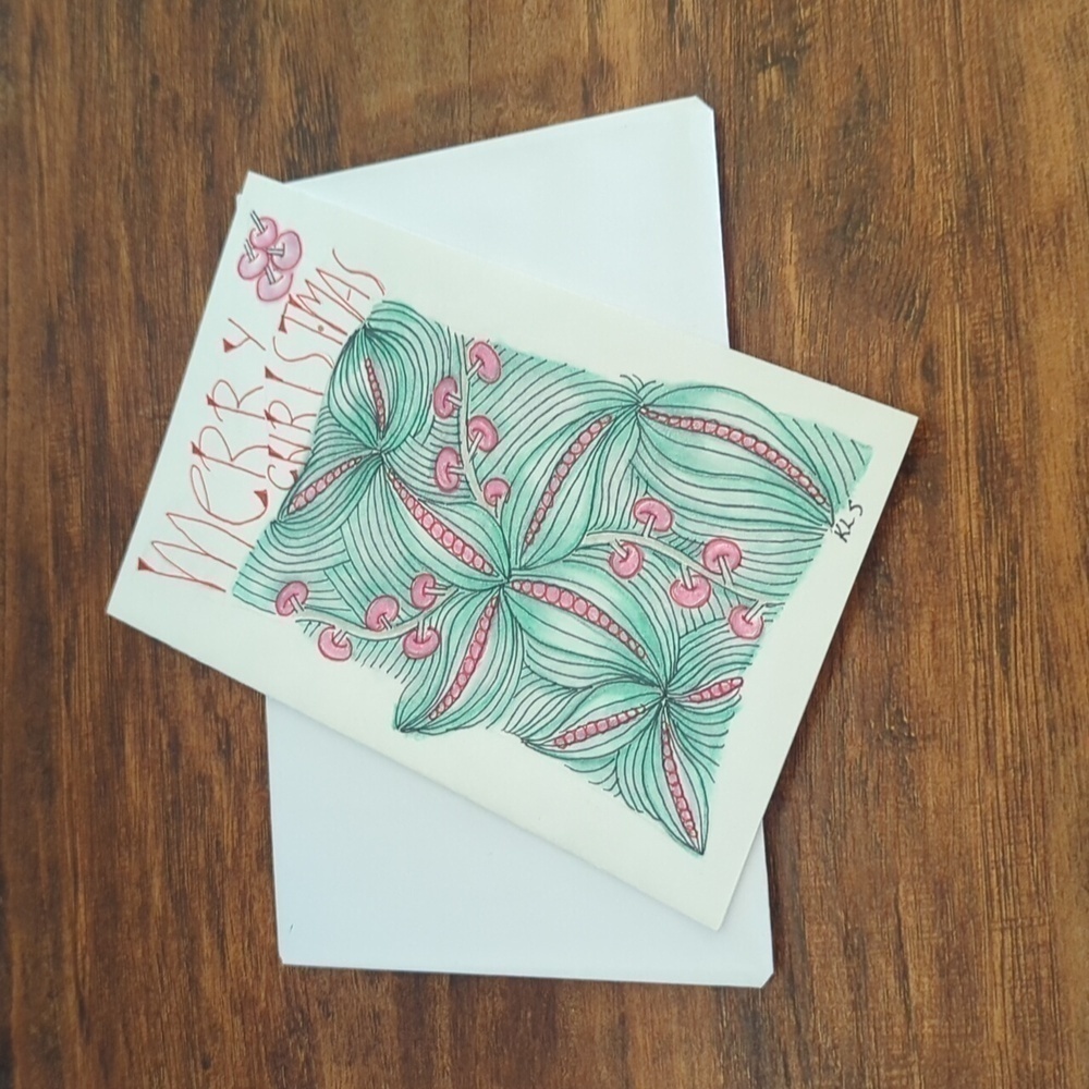 🌻5/$20 Handmade Merry Christmas Floral Zentangle Card- Red & Green